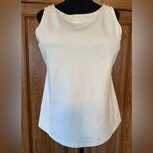White Structured Sleeveless Tank Top with Pearl detail neckline